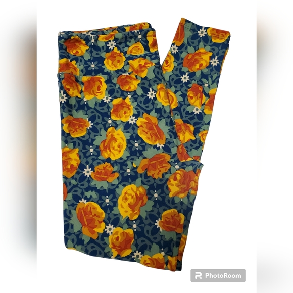 LulaRoe leggings, green w/ yellow gold flowers - Picture 1 of 1